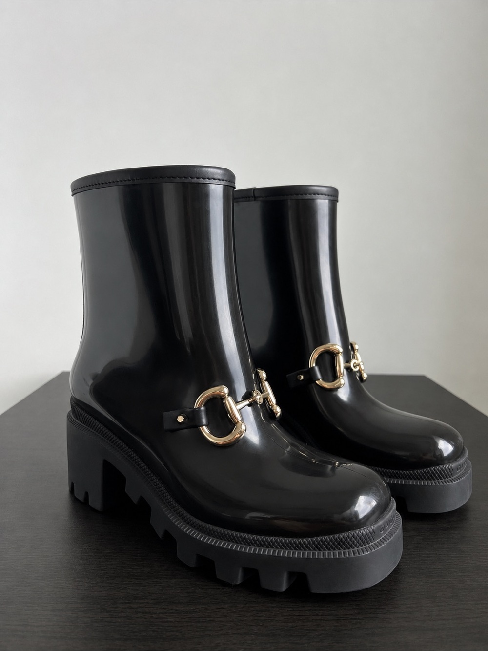 Gucci Black Rubber Horsebit Lug Sole Low Boots
